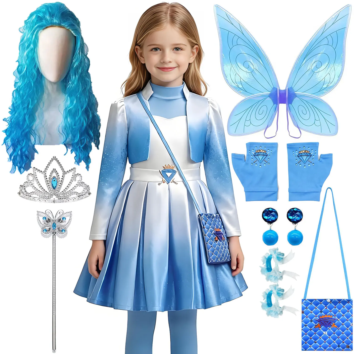 2026 Girls Blue Fairy Cosplay Outfit Halloween Carnival Fancy Dress With Wings Wig Crown Magic Wand Party Role-play Costume Suit