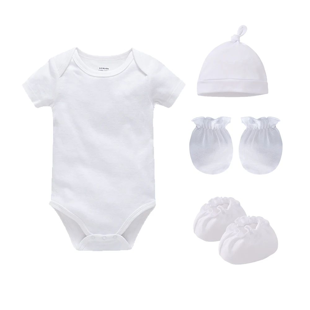 Pure White 4Pcs Newborn Baby Cotton Layette Set - Bodysuit + Hat + Mittens + Booties for 0-3 Months