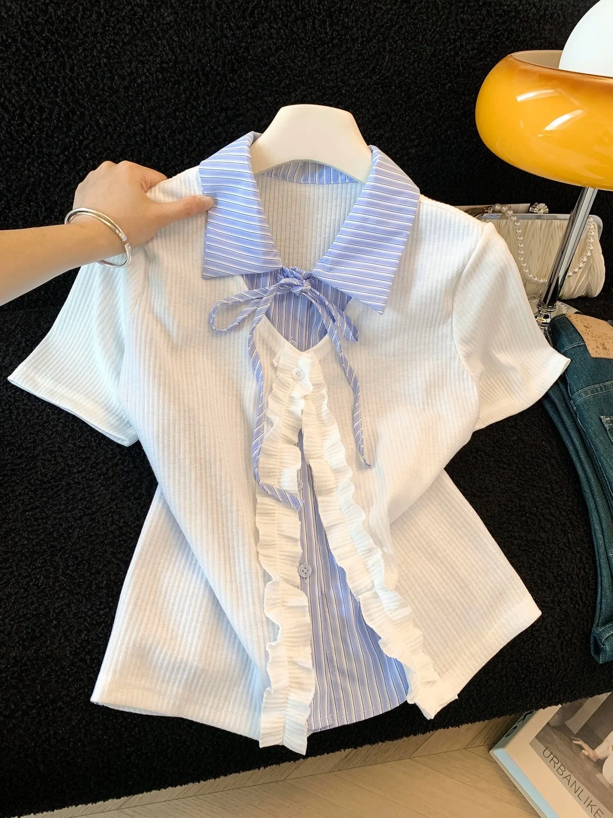 

Полосатая повседневная рубашка в корейском стиле, женская летняя свободная повседневная рубашка с цветными блоками, дышащая, удобная, с коротким рукавом