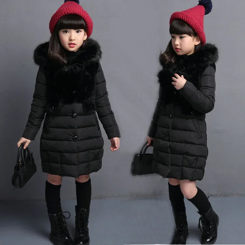 2024 Winter Warm Jackets for Girls 4 6 8 10 11 12 14 Years Old Fashion Fur Hooded Children Baby Outwear Kids Cotton Lined Parkas