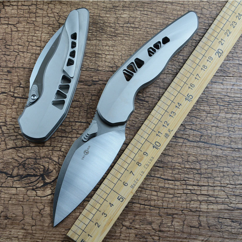 TWOSUN TS629 D2 Satin Blade Folding Pocket Knife Ceramic Ball Bearing Titanium Handle for Gift Collection Outdoor Survival