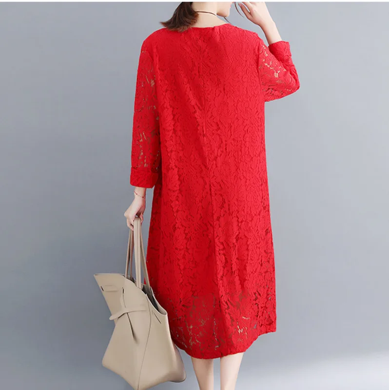 #3255 Spring Summer Red Black White Lace Dress Women Long Sleeve High Quality Fashion O-neck Hollow Out Midi Dress Elegant 