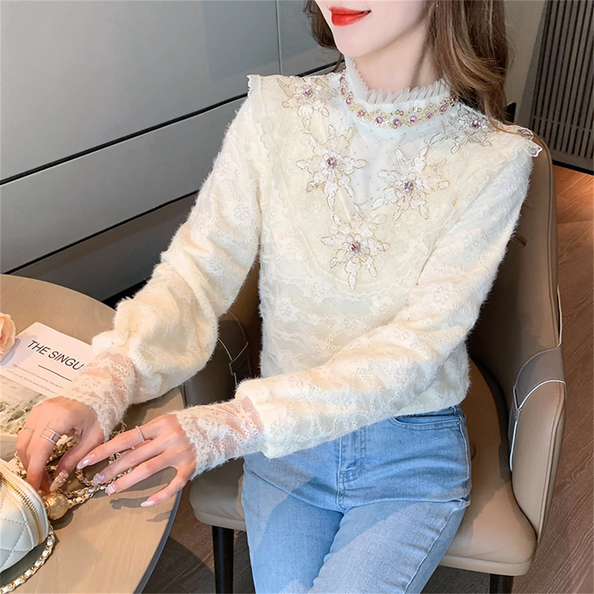 

Spring Fall Simple Solid Blouse Chic Lace Shirt Women's Lantern Sleeve Beaded Embroidery Tops Casual Popular Women Clothing