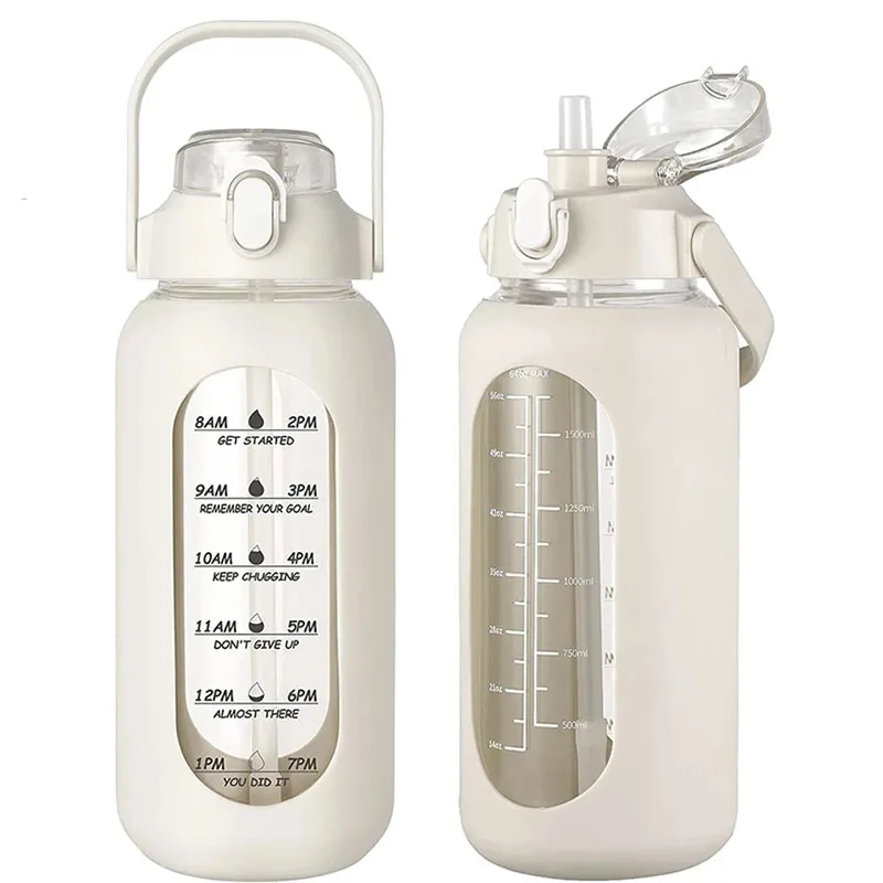 2024 New 946ml/1656ml/1892ml Glass Bottle With Silicone Straw Sleeve And Time Marker Camping Home Office Gym Glass Water Bottle