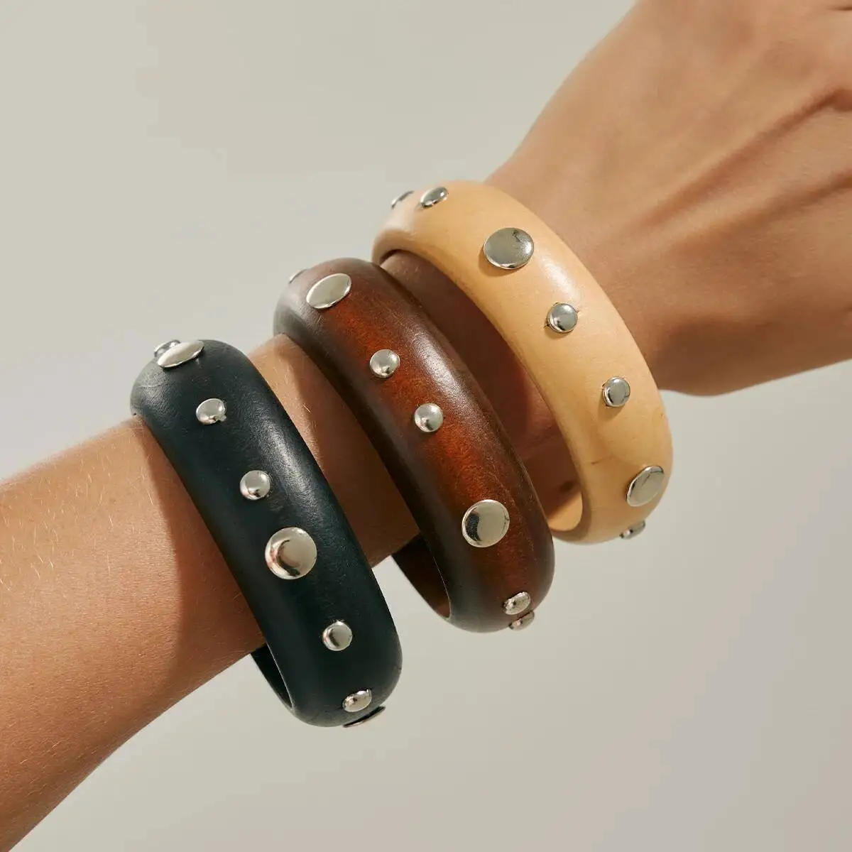 PuRui 3 Stile Punk Vintage Runde Holz Breite Armreif für Frauen Mode Kreative Gestapelt Chunky Armreif Femme Schmuck Zubehör