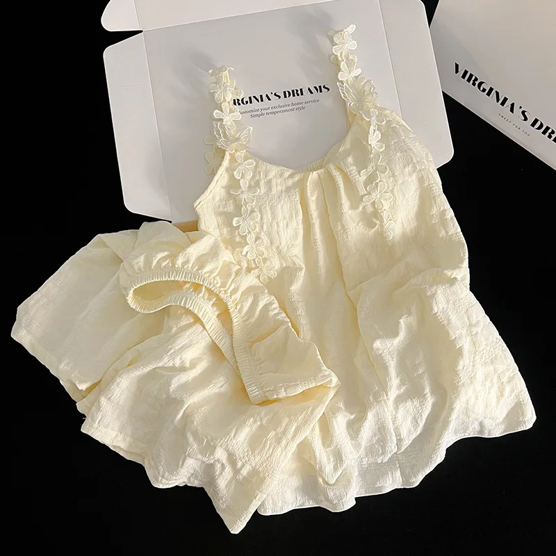 2026 Women's Suspender Pajama Set Wannian Sleepwear Sweet Girls Lace Summer with Chest Cushion Home Wear Apricot Nightwear