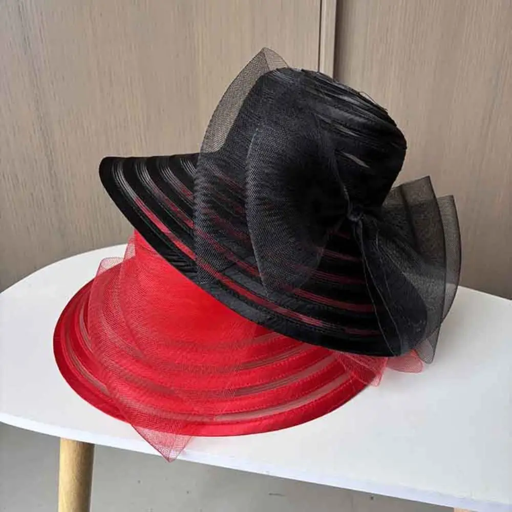 Fashionable Ruffles Design Organza Mesh Hat Large Bow Wide Brim Tea Party Cap Breathable Beach Hat Garden Party
