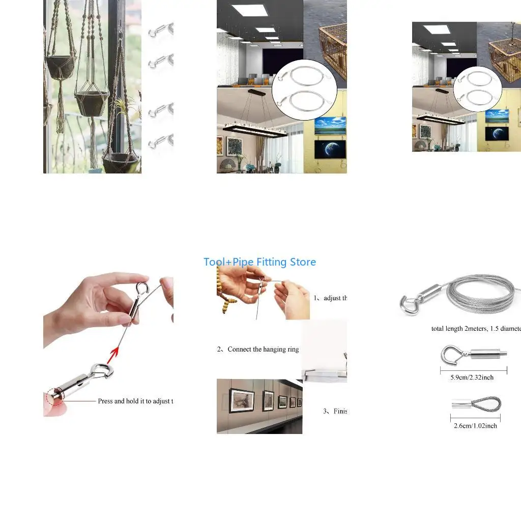 F92B 2 Packs Adjustable Picture Hanging Rope Heavy Duty Stainless Steel Wire with Loop and Hook Hold Up to 20kg / 40lbs
