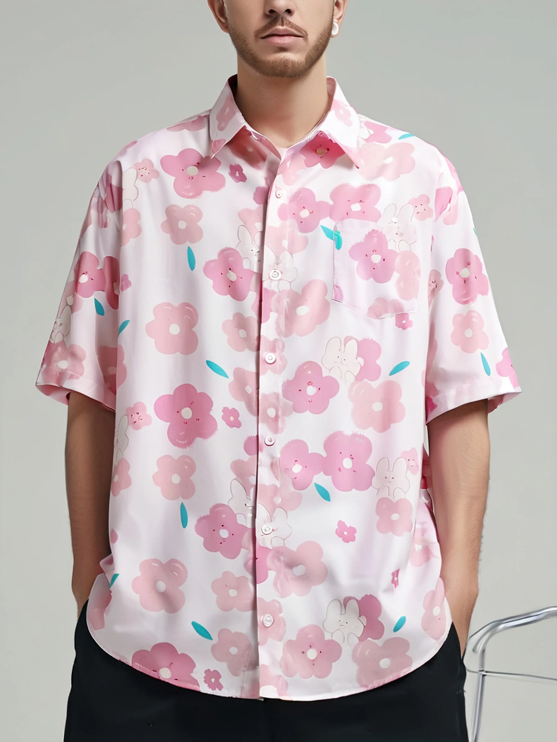 قميص رجالي بأكمام قصيرة مطبوع كرتوني ، كبير الحجم ، فضفاض ، كاجوال ، شاطئ ، صيف ، طالب ، أزياء الأزواج ، ملابس رجالية #1