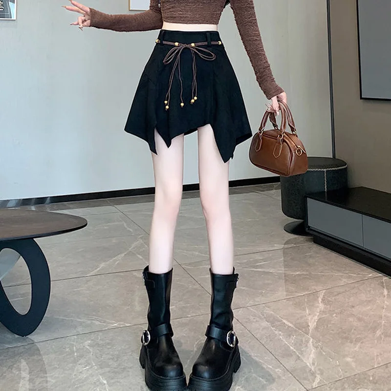 

Women Clothing Skirt Kpop A-Line Irregular Design High-Waist Splits Skirt American Retro Elegant Slim Fit Pleated Mini Skirts