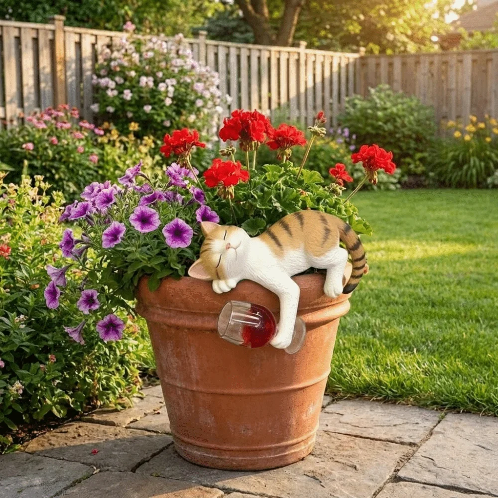 Resin Cats Holding Red Wine Glass Statue Realistic Waterproof Cat Hanging Flower Pot Weather-Resistant Decorative Cat Ornament