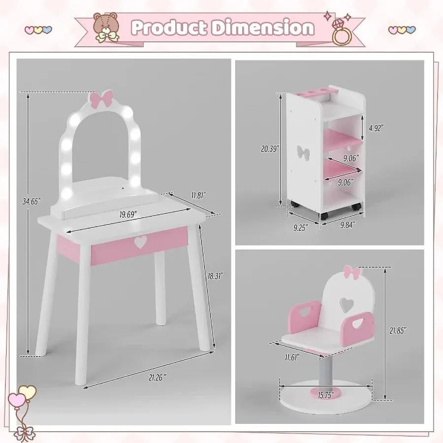 Vanity Set with Light and Barber Chair, Makeup Dressing Vanity Table with Storage Shelf and Hair Salon Play Set 7 pcs Accessori