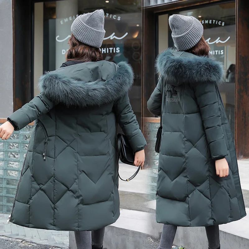 Women's Fitted Cotton Coat Outerwear Winter Cotton Jacket Warm Mid-length Cotton Jacket Thicken Fur Collar Hooded Windbreaker