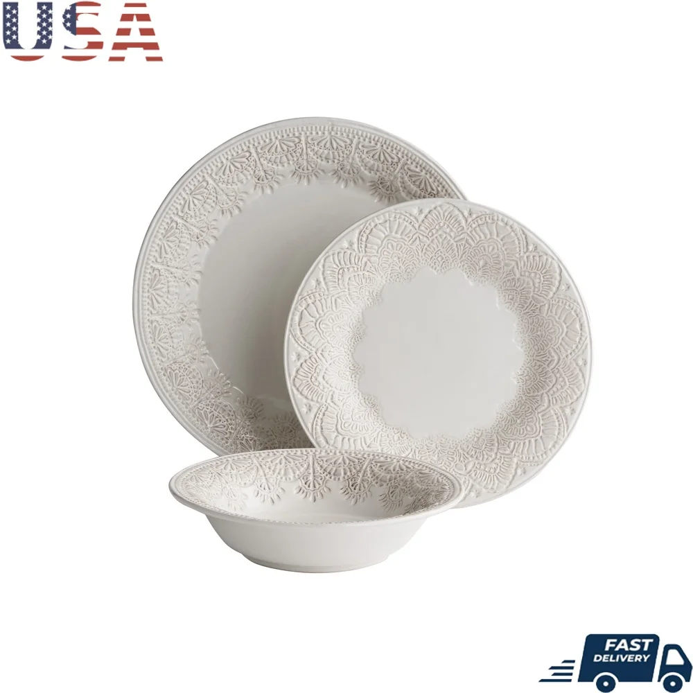 

Vintage Lace 12 Piece Ceramic Dinnerware Set Elegant Plates Bowls Dishwasher Safe Country Charm Everyday Dining