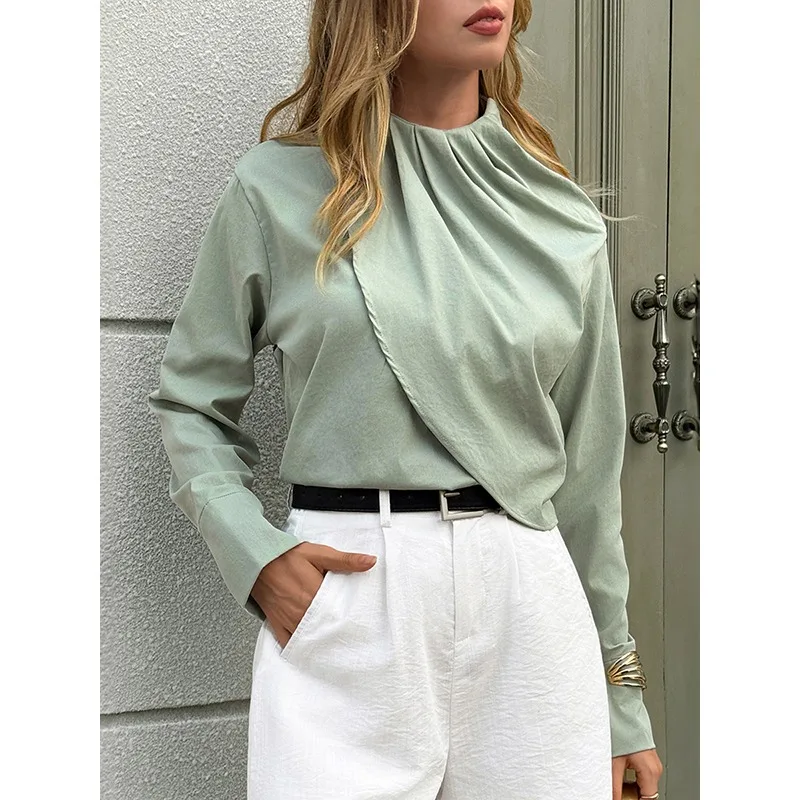 

Pulsefit 2026 Spring New Light Green T-shirt Office Wear Half High Neck Patchwork Long Sleeve Ladies Pullovers Tops&tees 194985