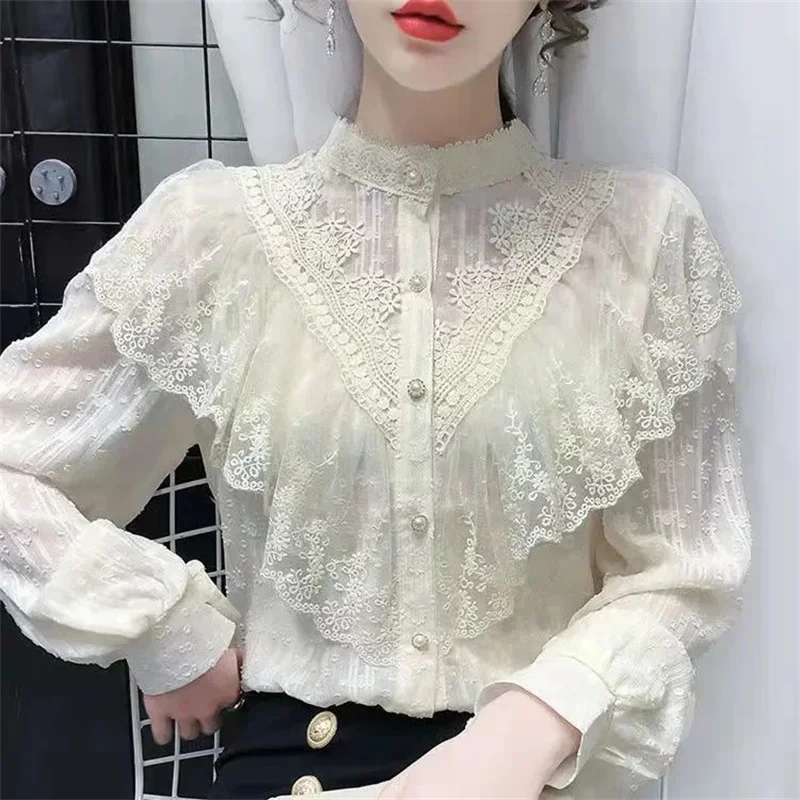 2026 Spring Autumn New Long sleeves French Retro Shirt Fashion Women's Design Sense Lotus Leaf Edge Chiffon Lace Top Female