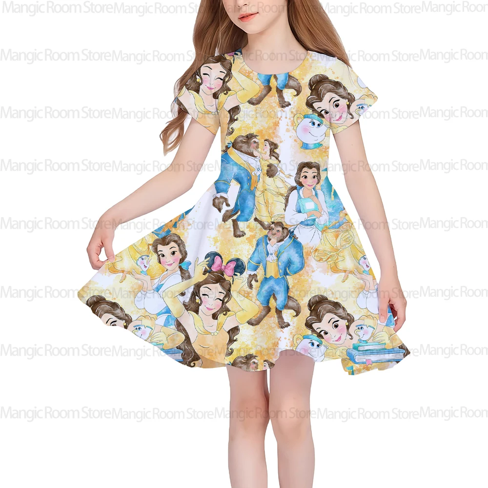 

Платье принцессы с принтом Диснея, летний узор принцессы, круглый вырез с короткими рукавами, повседневный свободный костюм для косплея на день рождения