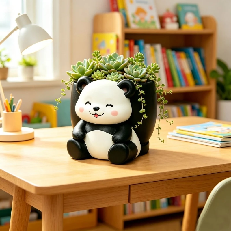 Decorative Panda Plant Pot Black and White with Pink Cheek Coloring Pen Cup, Resin Plant Container for Small Flowers and 37JD