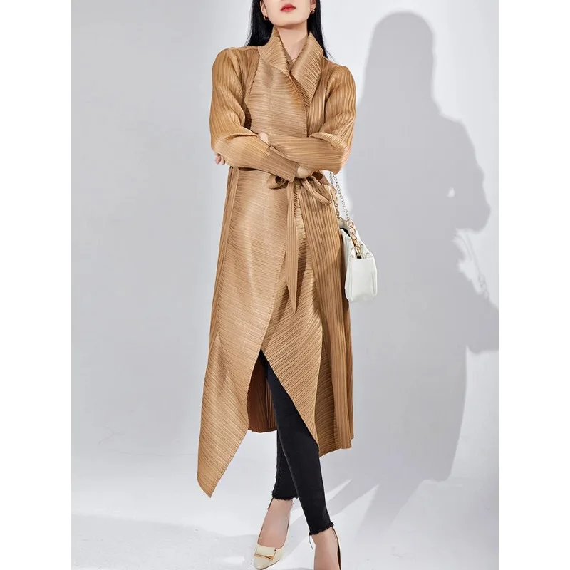 Miyake Pleated 2024 Spring Autumn New Women Luxury Trench Coat Pure Color Lapel Long Sleeve Cardigan Vintage Design Female Coat