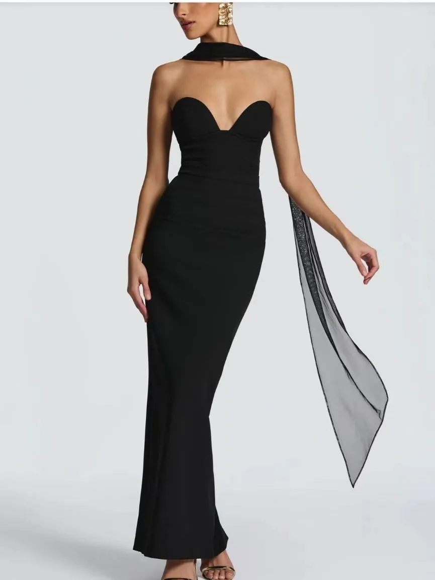 

Long Scarf Prom Dress Dark Green Black Sexy Sweetheart Sleeveless Sheath Party Bridal Gown Formal Guest Wedding Birthday Robe