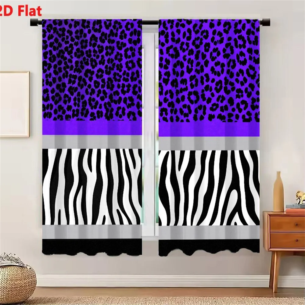 2Pcs Curtains 2D Flat Purple Black Floral Leopard Spots And Black White Zebra Stripe Patterned Design Window Drapes for Bedroom