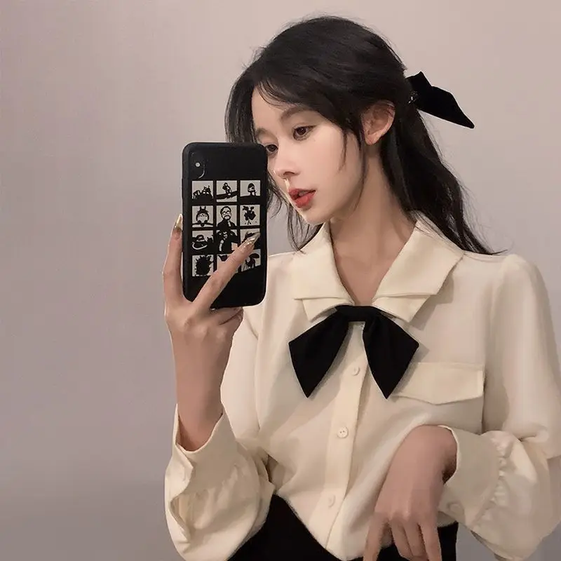 

Long Sleeve Shirts Womens Satin Patchwork Slim Fit Button Down Turn Collars French Elegant Feminine Romantic Modern Wear