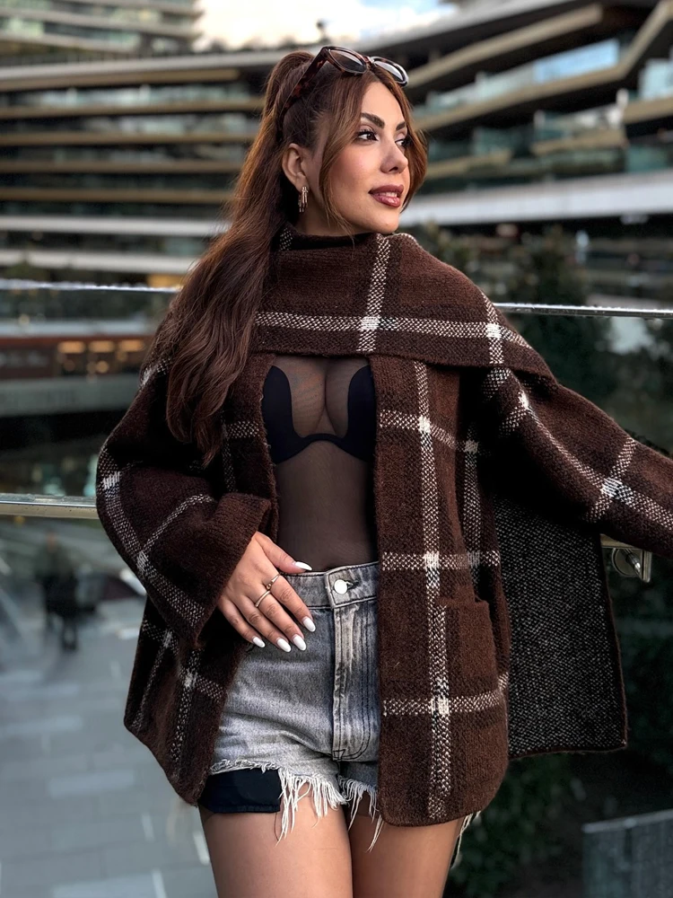 HH Elegante Sciarpa da Donna Decorazione Cardigan Lavorato a Maglia 2025 Donna Manica Lunga Sciarpa scozzese Colletto Texture Vintage Cappotti Lunghi