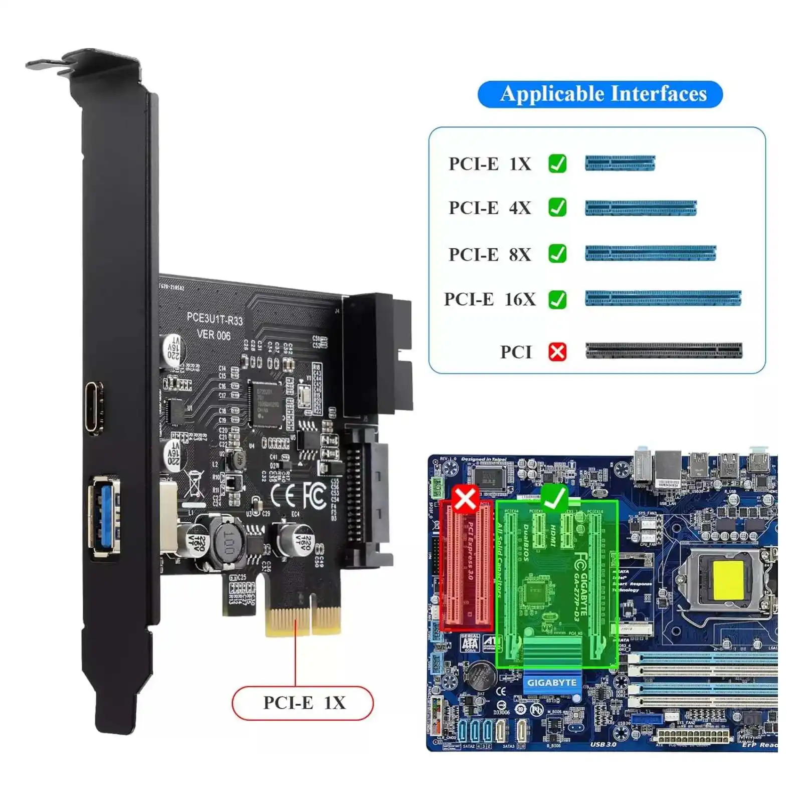 PCIe USB 3.0 Expansion Card, RENESAS UPD720201 Dual-Chip, 2 Ports USB-C + USB-A 5Gbps, PCIe X1 X4 X8 X16 for Desktop PC