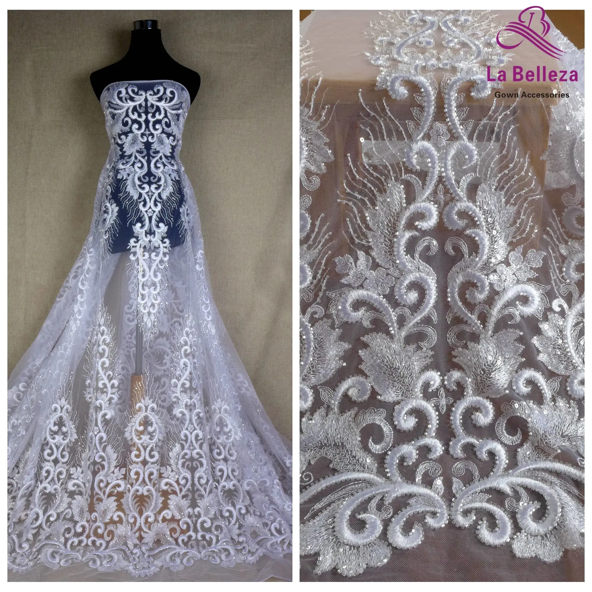 La Belleza fashion bridal lace, heavy embroidery lace fabric, white beading wedding dress lace fabric 51\'\' width 1 yard