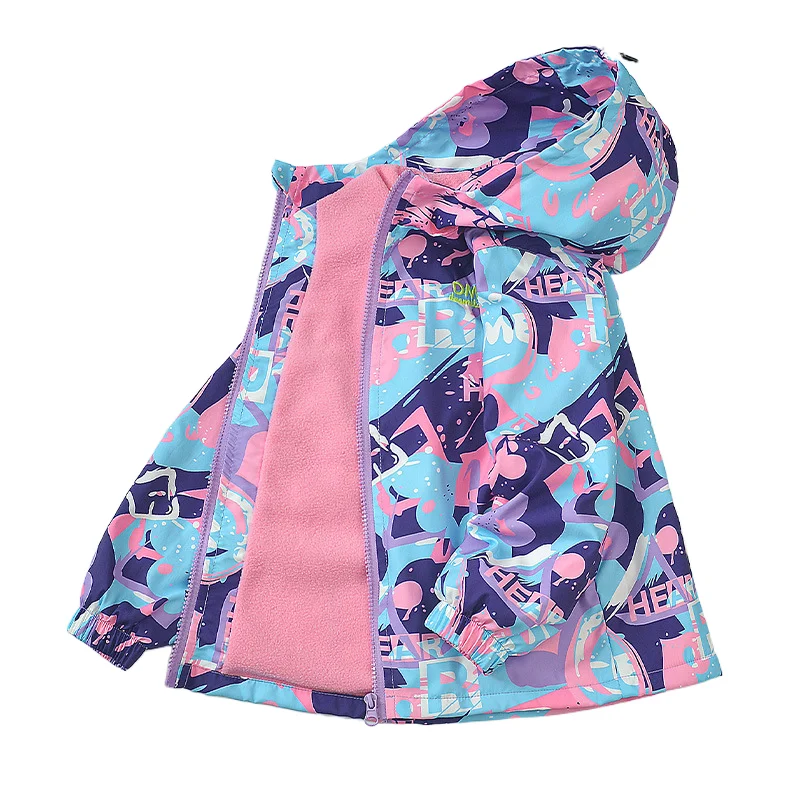 2026 Girls Waterproof Fleece Lined Printed Hooded Zip Hiking Jackets School Kids Outfit Windbreaker Children Track Coat Tops