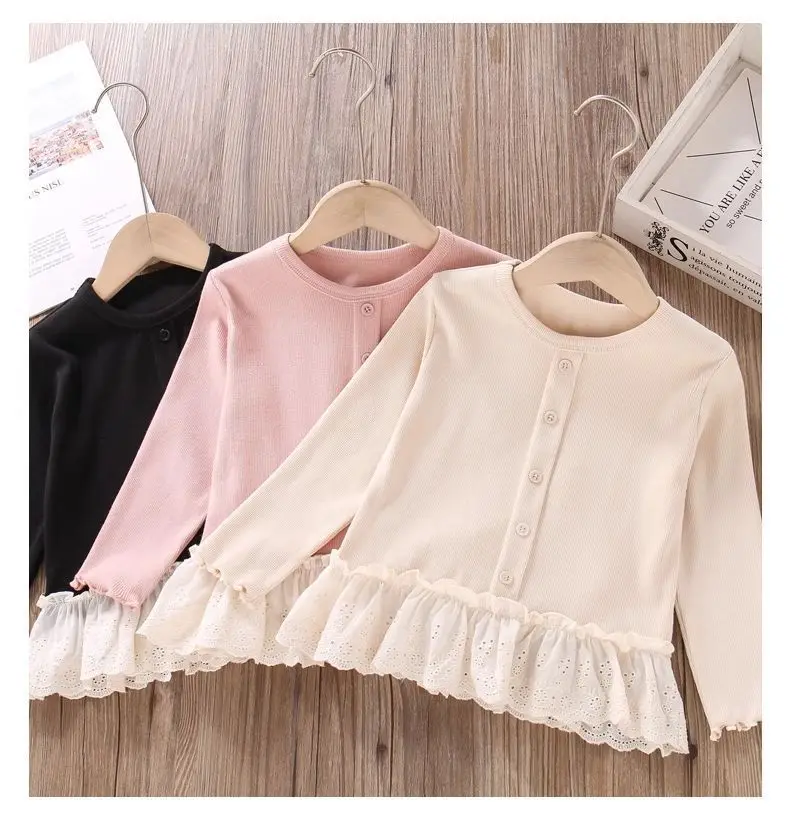 Herbst Neuheiten Mädchen T-Shirts mit Knöpfen Spitzen-Patchwork Langarm-Blusen Bequeme Oberteile für Kinder Mädchenkleidung – Detail 12