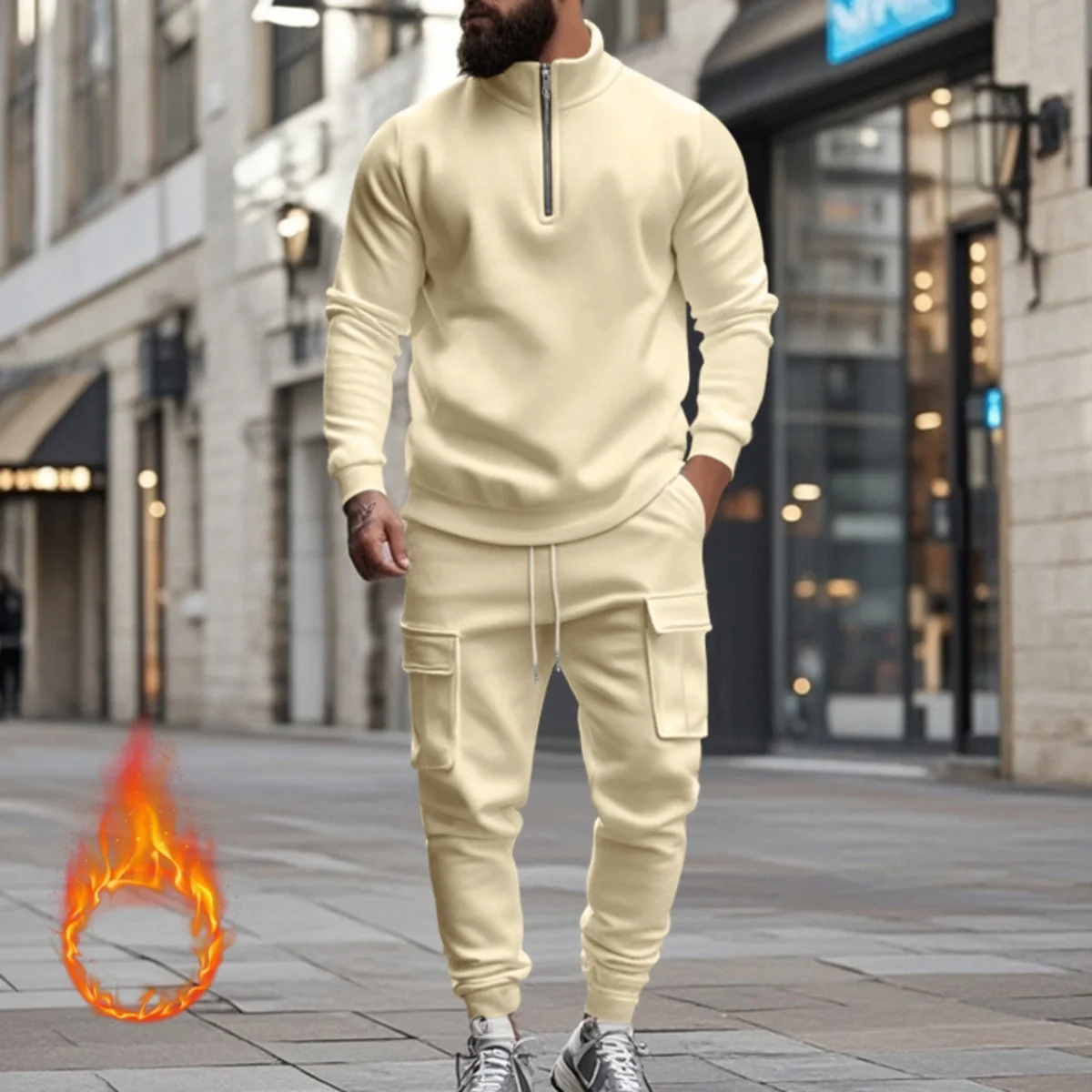 Men's 2025 Autumn/Winter Casual Fleece Half-Zip Standing Collar Sweatshirt And Fashion Street Style Sweatpants Work Pants Set