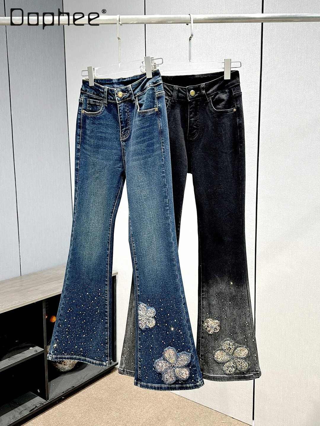 

French Sweet Socialite Flared Pants High Waist Elastic Slim Rhinestone Flower Embroidery Versatile Washed Jeans Trendy Pants