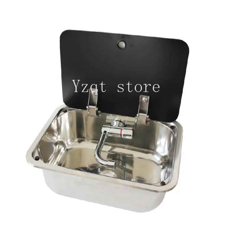 

RV sink folding small water basin with cover plate stainless steel square small size vegetable basin faucet with cover