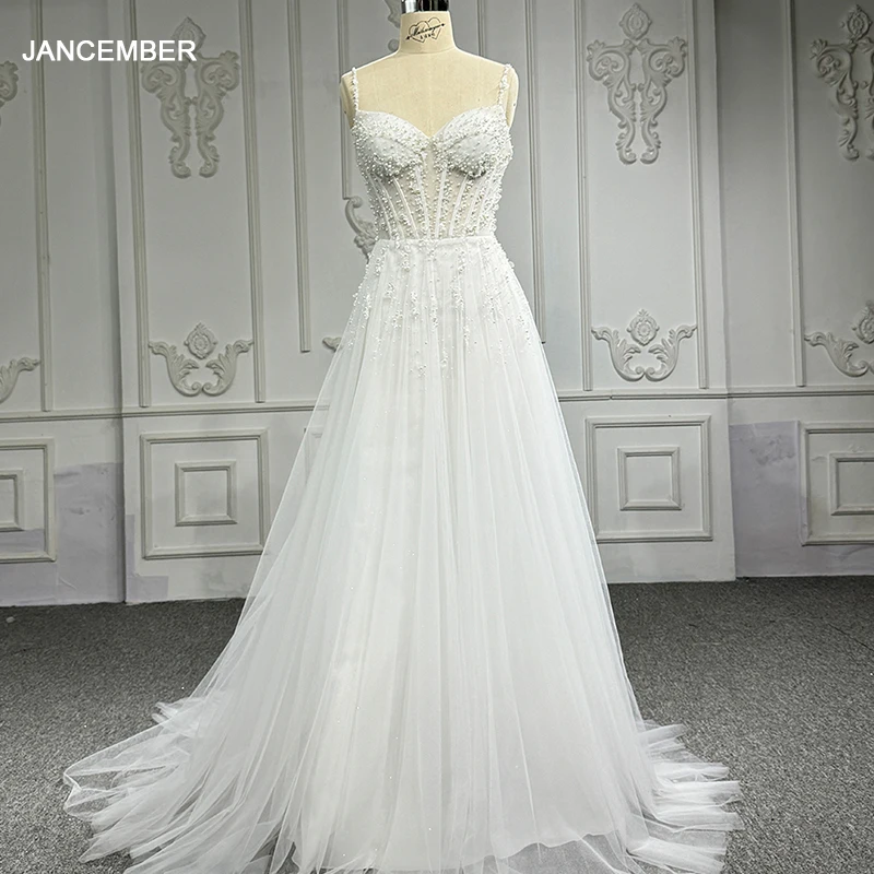 Jancember Factory Wholesale Simple Wedding Gown For Bride A-line Scoop Spaghetti Straps Zipper Beading Vestido De Novia DY6722