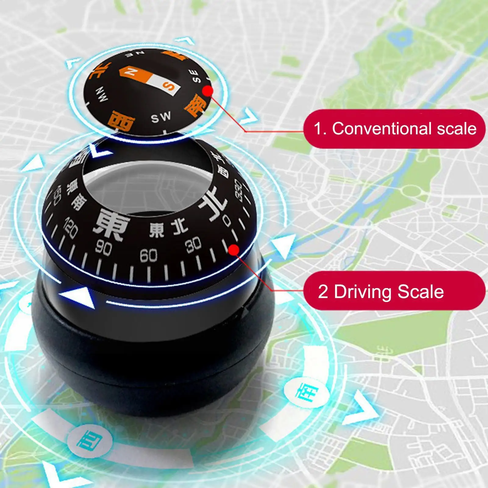 Ball Compass For Car Dashboard Luminous Design Double Dials Adjustable Compass Ball Cars Boats Vehicle Outdoor Navigation Hiking