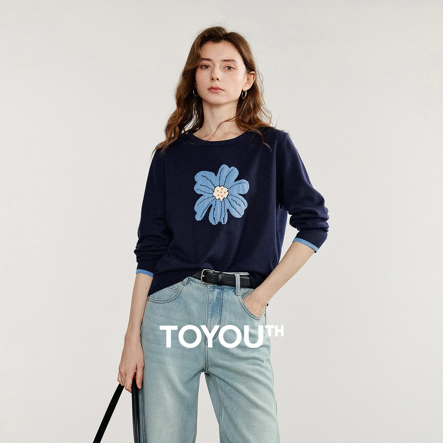 TOYOUTH Women Knitted Sweater 2025 Autumn New Flower Jacquard Color Contrast Long Sleeve Pullover Tops