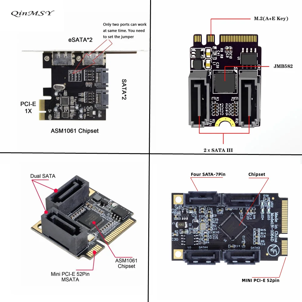 NGFF Key A+E PCI Express&Mini PCI-E PCI Express&PCI-E To 4 Ports SATA 3.0 ESATA PCIE SATA3 6Gbps Expansion Card PCI-E Adapter