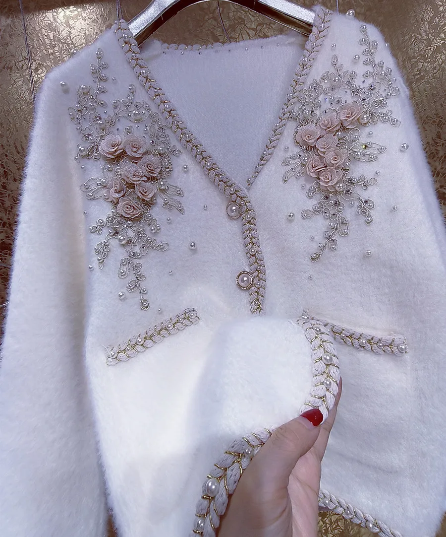 أحجار الراين على شكل زهرة، خرز صناعي ثقيل، لآلئ مهدب، دانتيل سميك، سترة صوفية قطيفة معطرة صغيرة