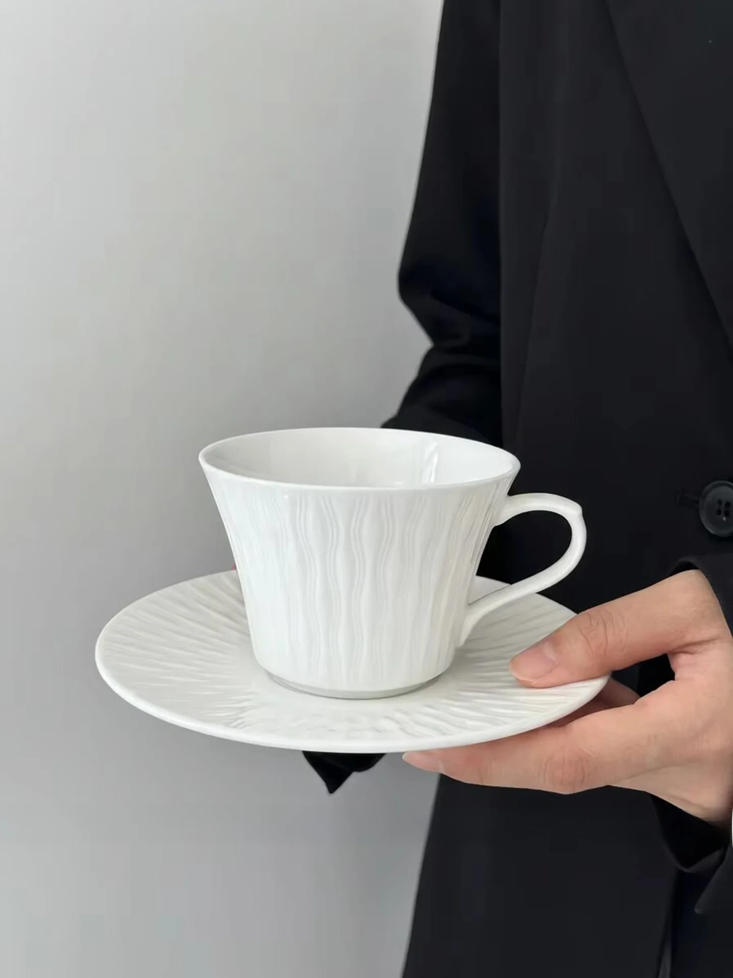Ceramic Coffee Cup Set with Saucer Ripple Design Afternoon Tea Glasses Lightweight Porcelain for Office Home Use