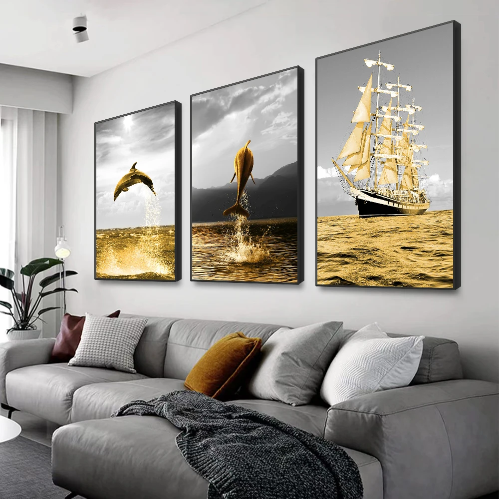 Golden Boat Jumping Dolphin Wall Art Canvas Prints Gold Sea Landscape Modern Living Room Wall Decoration Painting For Home Decor