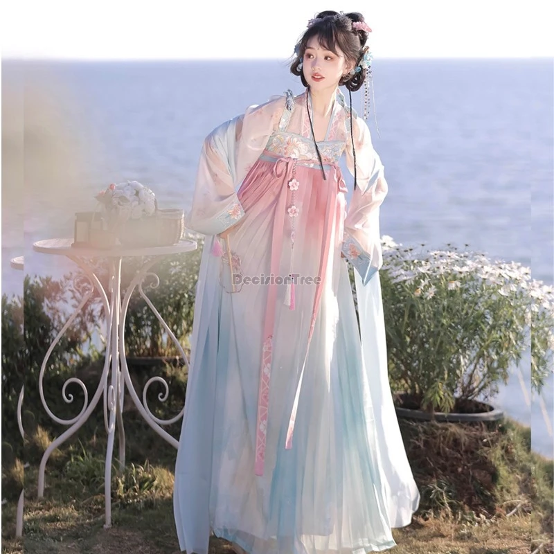 female chinese tang style hanfu women's chest length robe skirt women's daily spring/summer ancient top skirt scarf 3-piece set