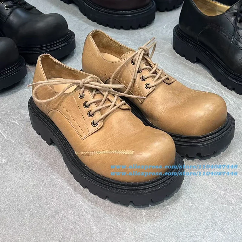 

Thick-Soled Round Toe Derby Shoes Men's Shoes Lace-Up Casual Shoes Wear-Resistant Trendy Luxury Handmade Shoe Men's Shoes