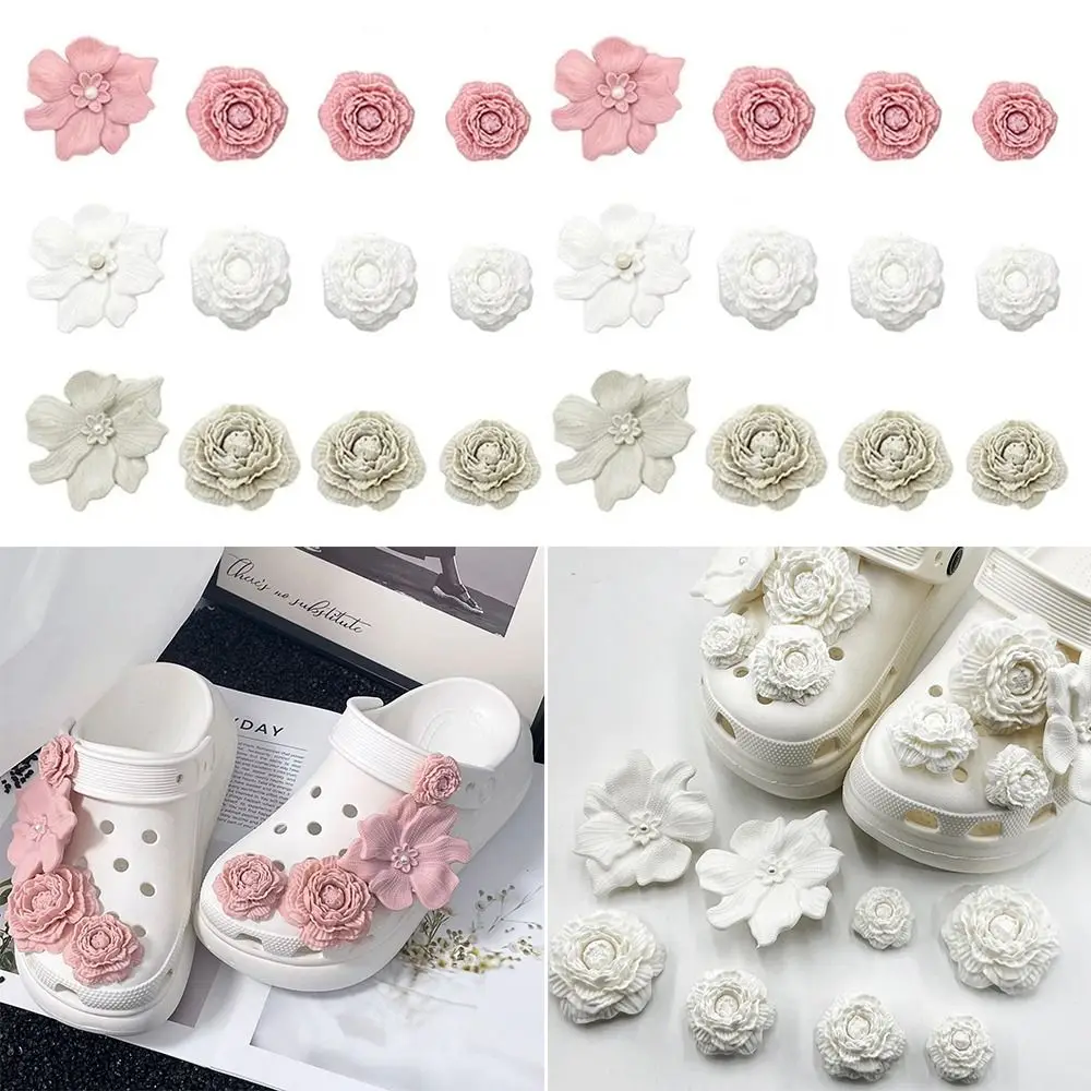 8Pcs Trendy 3D Flower Beach Shoe Charms Clip Buckle DIY Shoe Decorations Detachable Perforated Shoes Accessories Beach Shoes