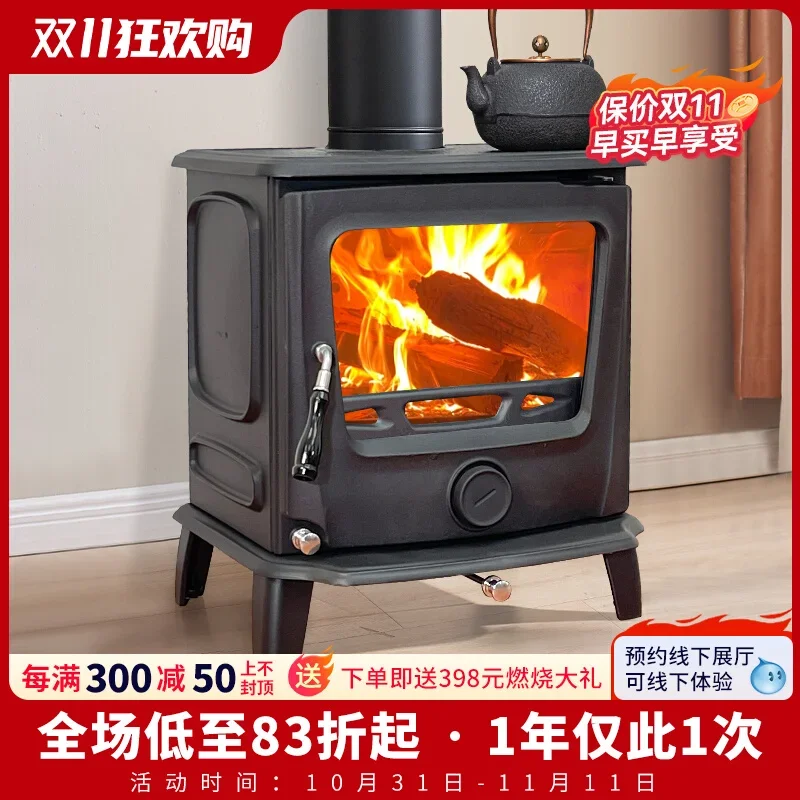 Real fire fireplace, firewood burning, rural cast iron firewood heating stove, villa indoor household fireplace, real fire firew