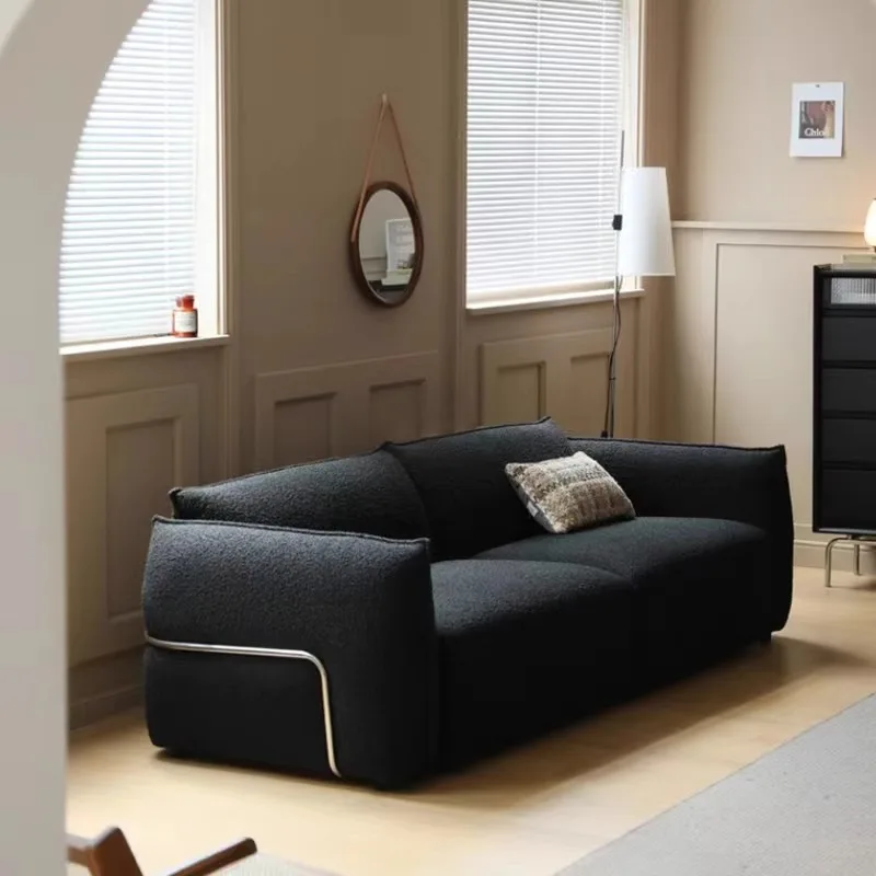 Mid-Century French Black Chenille Fabric Sofa, Italian Minimalist Designer Straight Sofa Set for Living Room