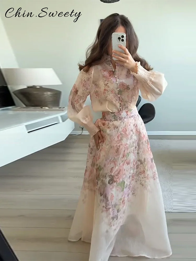

Elegant Print Shirt Long Skirt Set Women Loose Full Sleeve Single Breasted Tops High Waist Pleated Skirts 2025 Summer Lady Suits