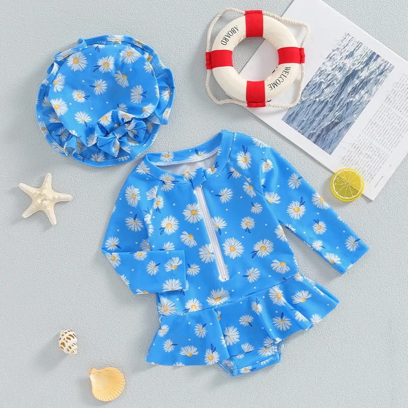 SUNSIOM Baby Girls Swimsuit Flower Print Long Sleeve Bikini with Hat Newborn Swimwear for Summer Bathing Beachwear