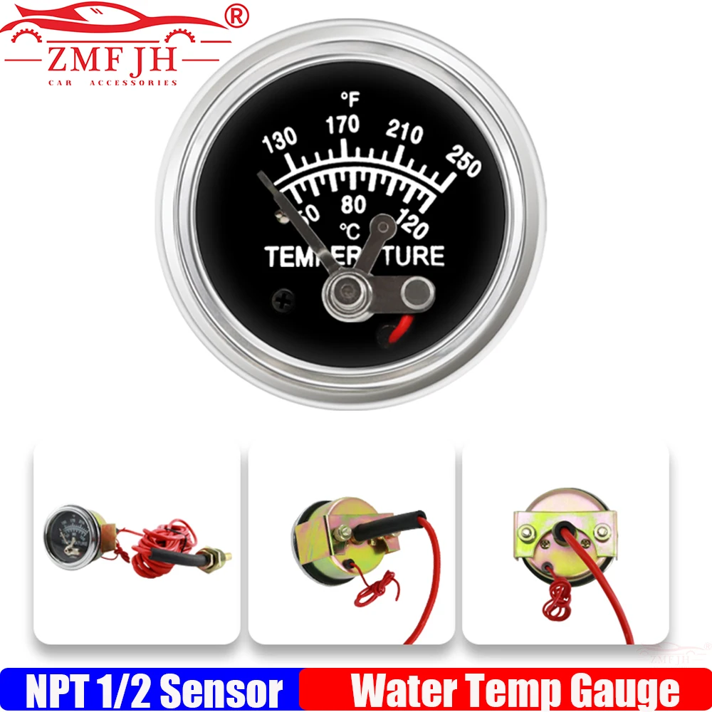 12V Water Temp Gauge 2" 52MM Mechanical Manually Alarm 50-120℃/130-250℉ Water Temperature Meter Yellow Light NPT 1/2 Sensor