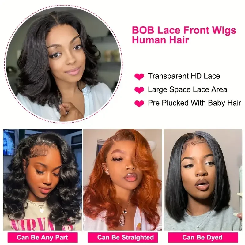 Pelucas De Cabello 100% Humano Body Wave Short Bob Wig Transparent Lace Front Remy Human Hair Wigs Loose Wave Closure Wig 180% image 2
